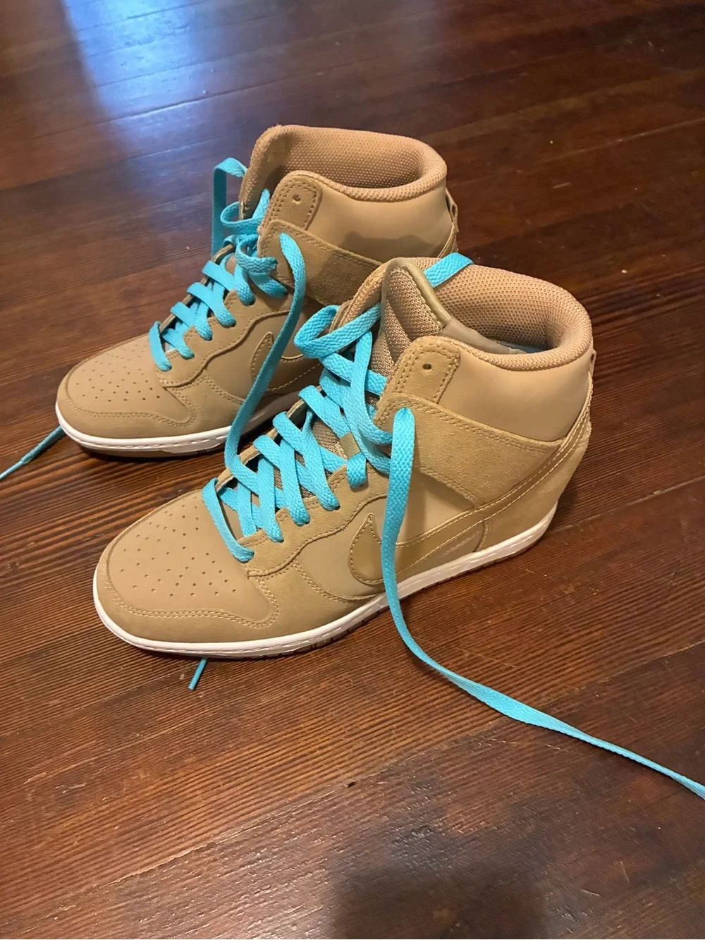 Nike Women’s High-Top Sneakers in Tan with Turquoise Laces